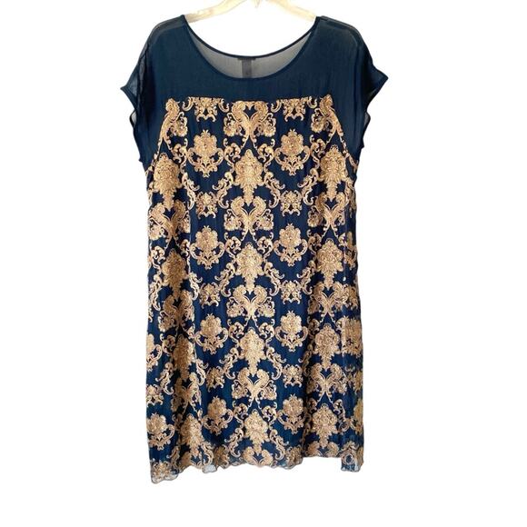 Sundance Teal Blue Gold Embroidery Shift Dress size large - Picture 9 of 11